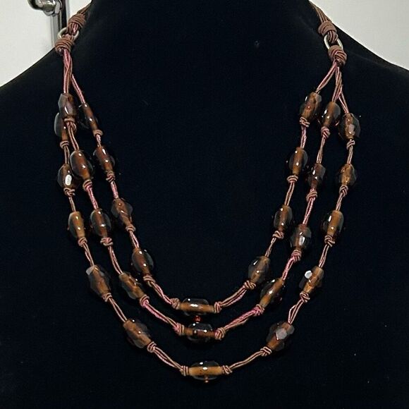 Vtg Sigrid Olson Layered Necklace Brown Triple-Strand Semi Opaque Stone Beads - Picture 6 of 9